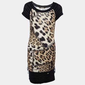 Pre Owned Roberto Cavalli Multicolor Animal printed Jersey & Wool Knit Ruched Mini Dress S