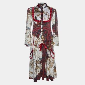 Pre Owned Just Cavalli Cream Printed Knit & Satin Trim Waist Tie Detail Midi Dress S