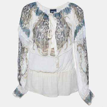 Pre Owned Just Cavalli Cream Printed Silk Chiffon Top S