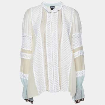 Pre Owned Just Cavalli Cream Silk & Lace Detail Top M