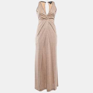 Pre Owned Just Cavalli Gold Crystals Embellished Lurex Knit Sleeveless Cut-out Maxi Dress S