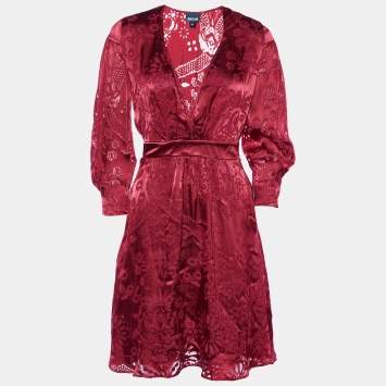 Pre Owned Just Cavalli Red Silk Devore Faux Wrap Mini Dress S
