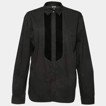 Pre Owned Just Cavalli Black Cotton Studded Velvet Trim Button Front Full Sleeve Shirt XL