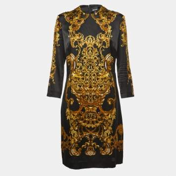 Pre Owned Just Cavalli Black Print Satin Silk Shift Short Dress L