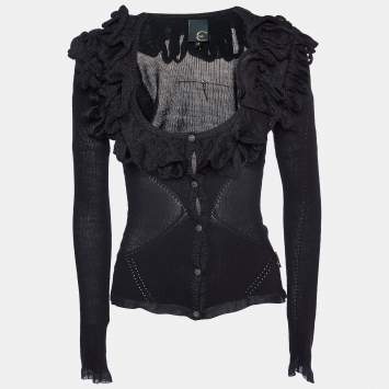Pre Owned Just Cavalli Black Lurex Wool Knit Ruffled Cardigan M