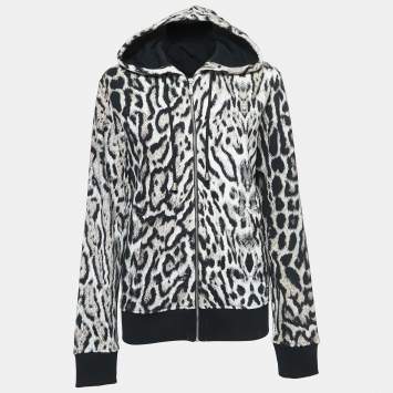 Pre Owned Just Cavalli White/Black Leopard Print Cotton Zip Front Hooded Jacket S