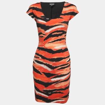 Pre Owned Just Cavalli Black/Orange Animal Print Knit Mini Dress M