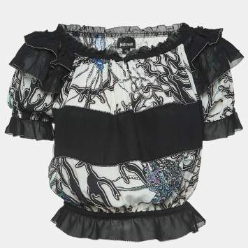 Pre Owned Just Cavalli White/Black Printed Crepe Ruffled Off-Shoulder Crop Top M