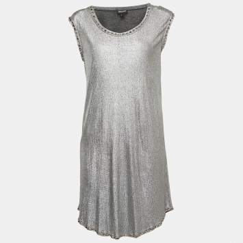 Pre Owned Just Cavalli Metallic Silver Lamé Jersey Metal Embellished Mini Dress S
