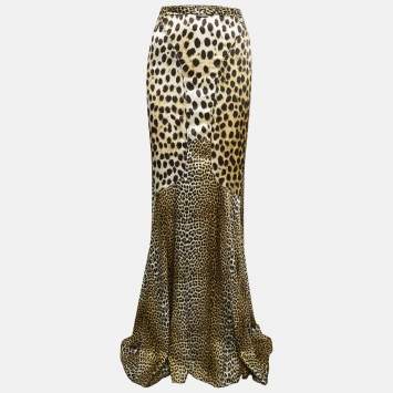 Pre Owned Just Cavalli Brown  Leopard Satin Print Flared Maxi Skirt L