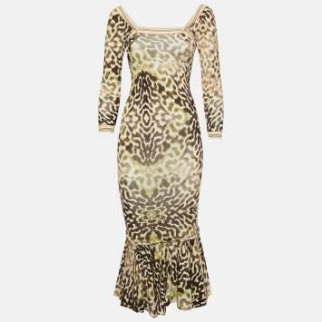 Pre Owned Just Cavalli Green Animal Print Jersey Flounce Midi Dress S