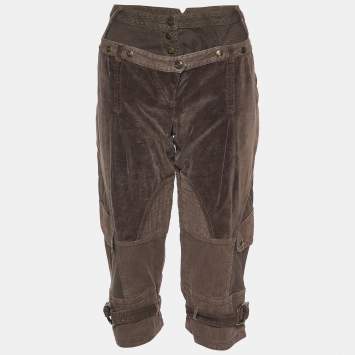 Pre Owned Just Cavalli Brown Checked & Velvet Cotton Paneled Capri Pants L