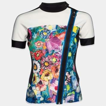Pre Owned Just Cavalli White Printed Jersey Zip Up Top S