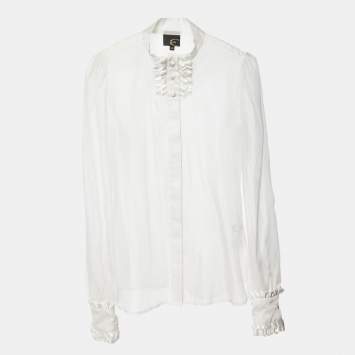 Pre Owned Just Cavalli White Silk Organza Ruffled Sheer Blouse L
