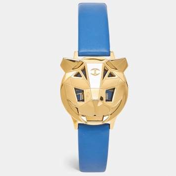 Pre Owned Just Cavalli Blue Yellow Gold Tone Stainless Steel Leather Just Tiger 7251561505 Women's Wristwatch 34 mm