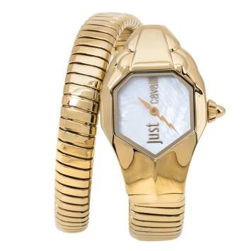 Pre Owned Just Cavalli Mother Of Pearl Yellow Gold Plated Stainless Steel Serpent JC1L001M0026 Women's Wristwatch 22 mm