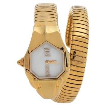Pre Owned Just Cavalli Mother Of Pearl Yellow Gold Plated Stainless Steel Stylized Snake JC1L001M0025 Women's Wristwatch 22 mm