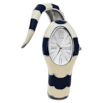 Pre Owned Just Cavalli Silver Enamel Stainless Steel Snake Bracelet Poison Women's Wristwatch 27 mm