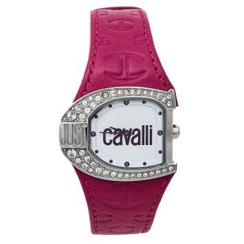 Pre Owned Just Cavalli White Stainless Steel Leather R7251160502 Women's Wristwatch 36 mm