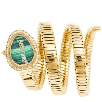 Pre Owned Just Cavalli Green Yellow Gold Plated Stainless Steel Chic Snake JC1L120M0035 Women's Wristwatch 23 mm