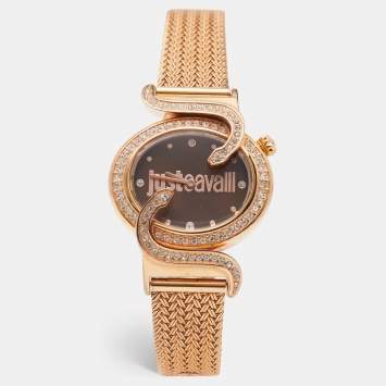 Pre Owned Just Cavalli Brown Rose Gold Tone Stainless Steel Sin 7253591506 Women's Wristwatch 35 mm