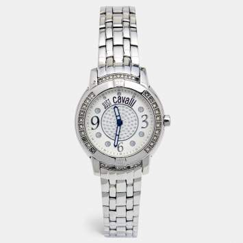 Pre Owned Just Cavalli Silver Crystal Embellished Stainless Steel R7253161515 Women's Wristwatch 34 mm
