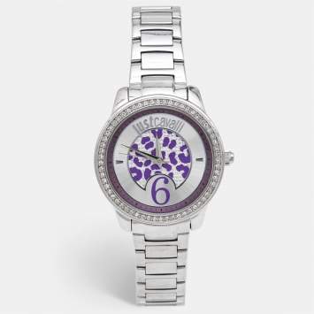 Pre Owned Just Cavalli Purple Silver Crystal Embellished Stainless Steel R7253196501 Women's Wristwatch 40 mm