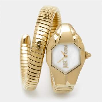 Pre Owned Just Cavalli Mother Of Pearl Yellow Gold Plated Stainless Steel Serpent JC1L001M0026 Women's Wristwatch 22 mm