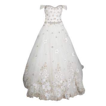 مملوكة مسبقًا Justin Alexander Signature White Off Shoulder Floral Embroidered Embellished Tulle Wedding Gown M