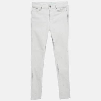 Pre Owned Karl Lagerfeld White Splatter Print Denim Jeans S Waist 27"