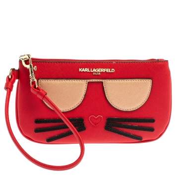 Pre Owned Karl Lagerfeld Red Leather Choupette Wristlet Clutch