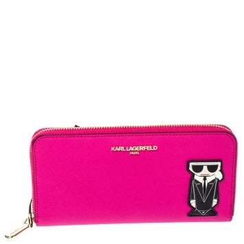Pre Owned Karl Lagerfeld Pink Leather K/Ikonik Zip Around Wallet