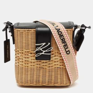 Pre Owned Karl Lagerfeld Black Rattan And Leather K/Autograph Wicker Picnic Crossbody Bag