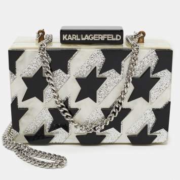 Pre Owned Karl Lagerfeld Black/Silver Marble Effect Glitter Star Chain Box Clutch