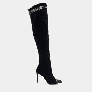مملوكة مسبقًا Karl Lagerfield Pandora Monogram Ribbed Kneeblack Knit Textile Black Leather Boots