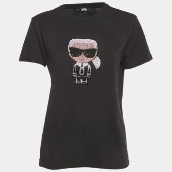 Pre Owned Karl Lagerfeld Black Ikonik Rhinestone Embellished Cotton T-Shirt L 