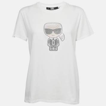 Pre Owned Karl Lagerfeld White Ikonik Studded Cotton Crew Neck T-Shirt L