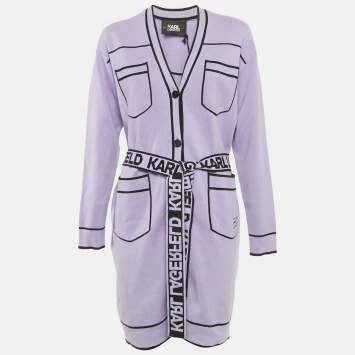 مملوكة مسبقًا Karl Lagerfeld Purple Wool Blend Logo Belted Cardigan M