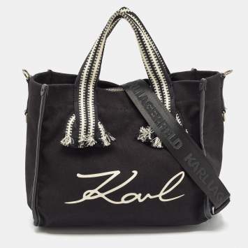 Pre Owned Karl Lagerfeld Black/White Canvas K/Signature Webbing Tote