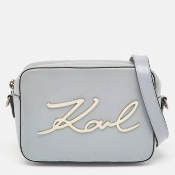Pre Owned Karl Lagerfeld Light Blue Leather K/Signature Camera Crossbody Bag