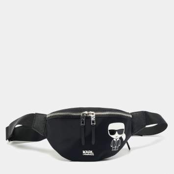 Pre Owned Karl Lagerfeld Black Leather and Nylon k/ikonik Belt Bag