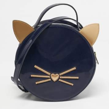 Pre Owned Karl Lagerfeld Navy Blue/Gold Patent Leather K/Cat Ears Crossbody Bag