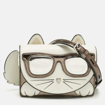 Pre Owned Karl Lagerfeld White/Grey Patent and Leather Ikonik Choupette Crossbody Bag