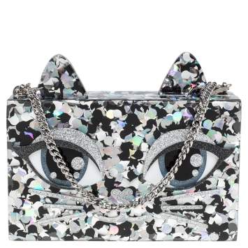 Pre Owned Karl Lagerfeld Black/Silver Glitter Acrylic Choupette Minaudiere Chain Box Clutch                  