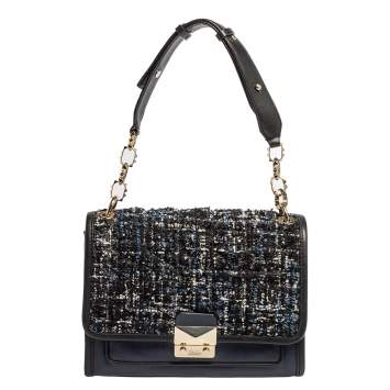 Pre Owned Karl Lagerfeld Blue/Black Leather and Tweed K/Kuilted Flap Shoulder Bag