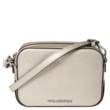 Pre Owned Karl Lagerfeld Metallic Silver Leather Camera Crossbody Bag