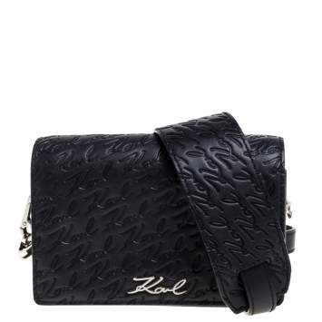 مملوكة مسبقًا Karl Lagerfeld Black Signature Embossed Leather Flap Shoulder Bag