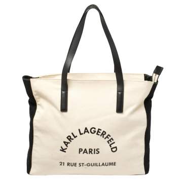 Pre Owned Karl Lagerfeld Cream White/Black Canvas Rue St Guillaume Tote
