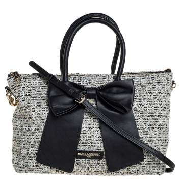Pre Owned Karl Lagerfeld White/Black Tweed and Leather Kris Bow Tote