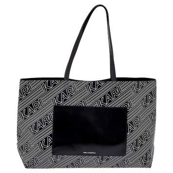 Pre Owned Karl Lagerfeld Black/White Logo Print Patent Vinyl and Leather Open Tote